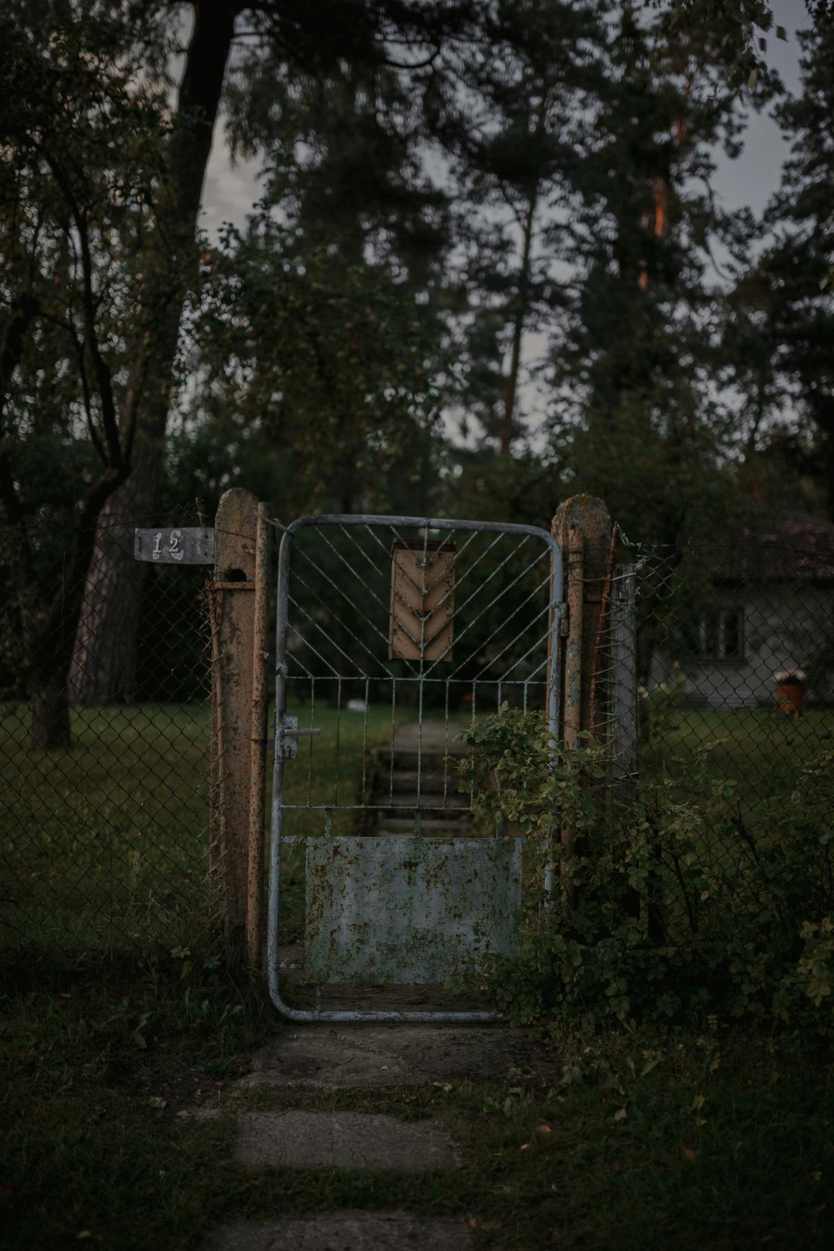 Old metal gate opening into a rustic backyard with trees and a house behind, the tight access that adds to stump grinding cost